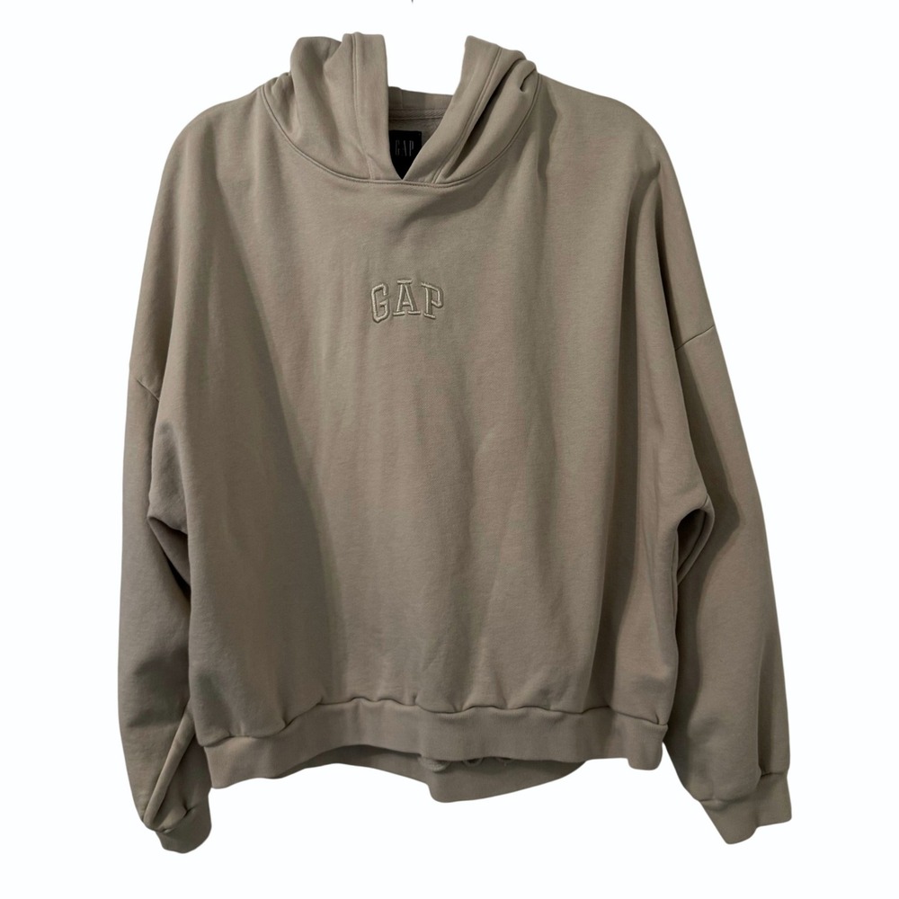 GAP Mens Oversized Embroidered Logo Hoodie Tan Beige Pullover L Boxy Earthy 90s